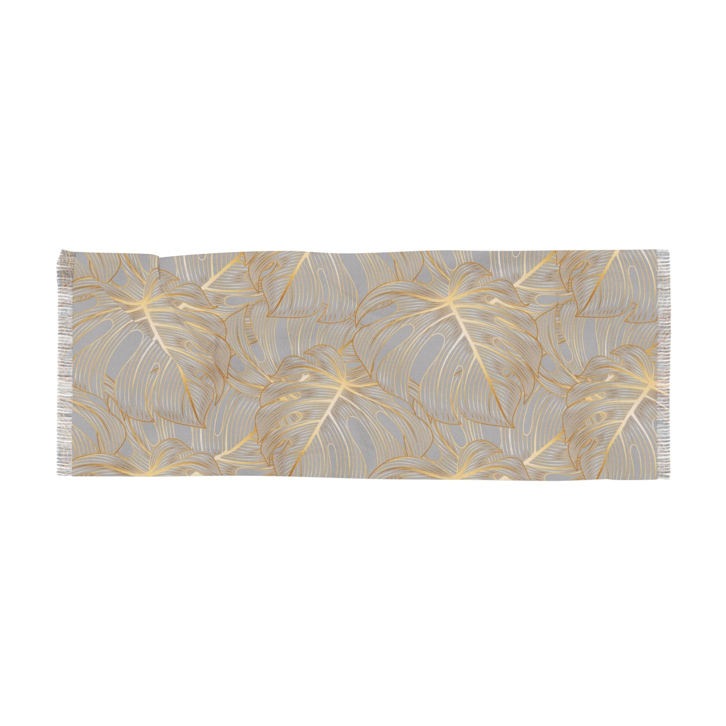 Elegant Light Scarf with Gold Monstera Motif