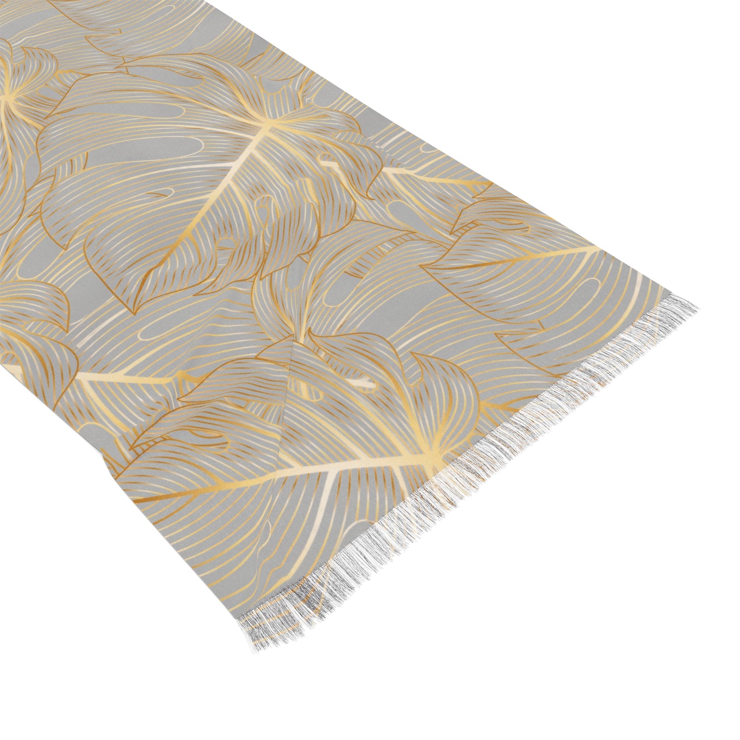 Elegant Light Scarf with Gold Monstera Motif